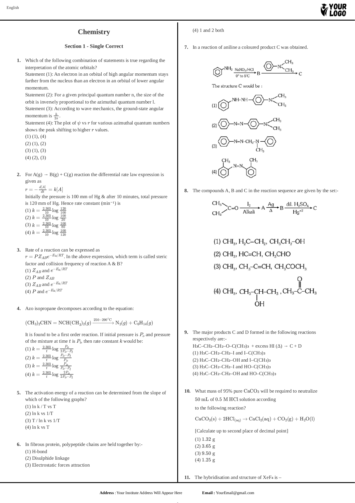 Chemistry Sample Paper