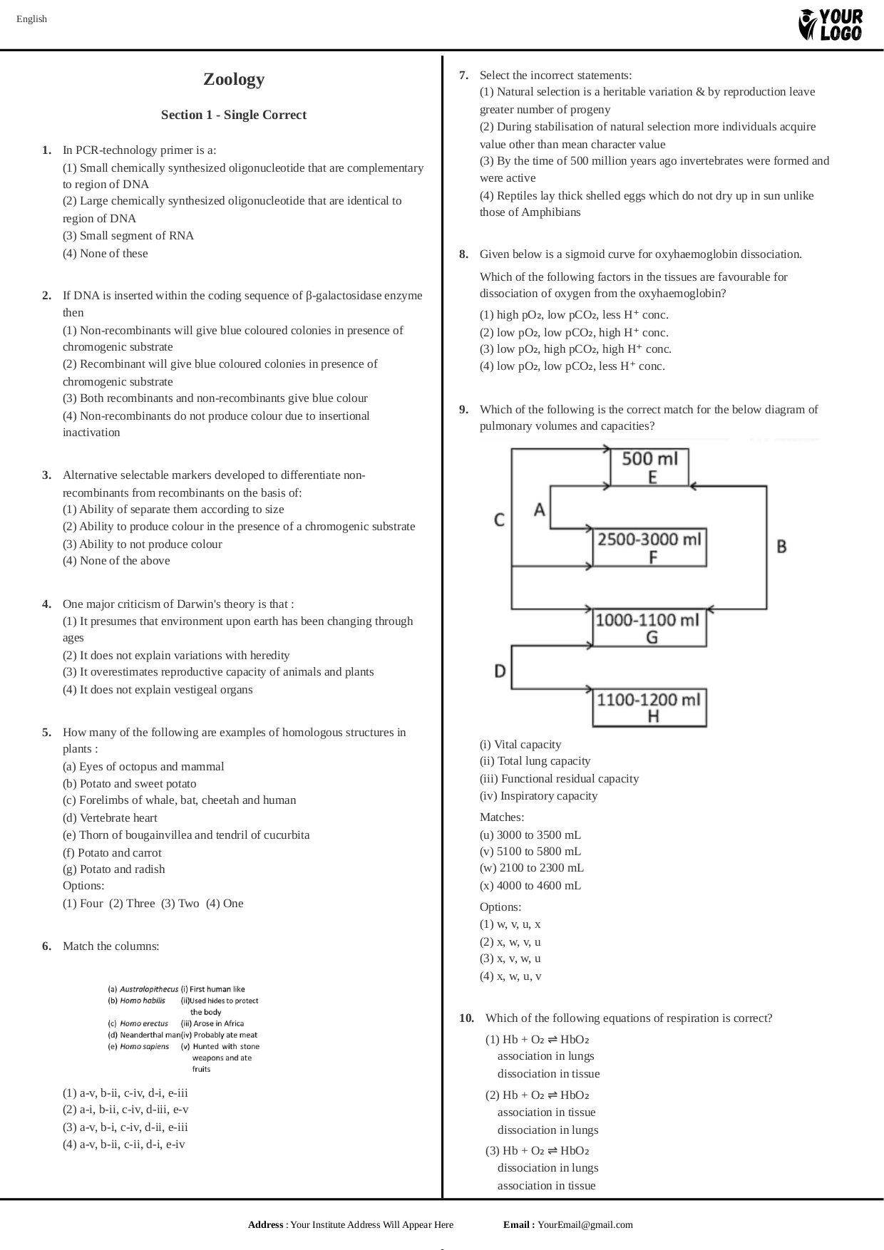 Zoology Sample Paper